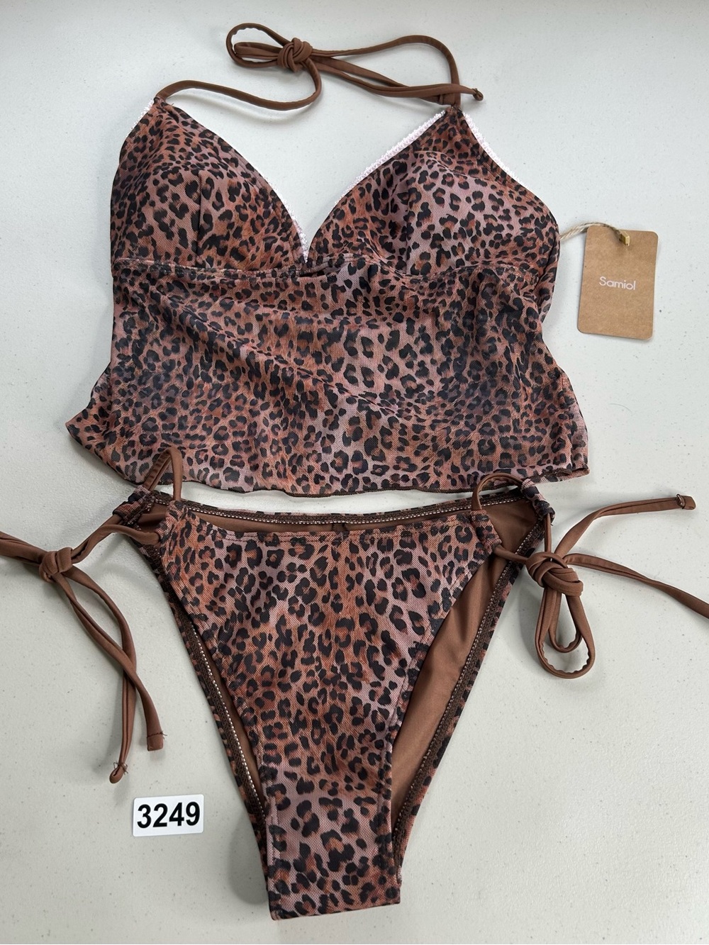 Samiol Tankini Bikini Set Small Brown Leopard Print Mesh Swimwear New
